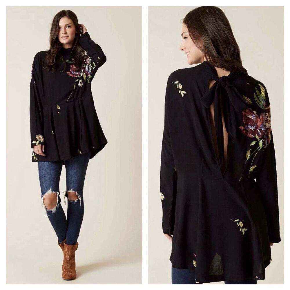 Free People Gemma Black Floral Mini Dress Large Dolman Mock Neck Tunic Fall $108 - Picture 2 of 15